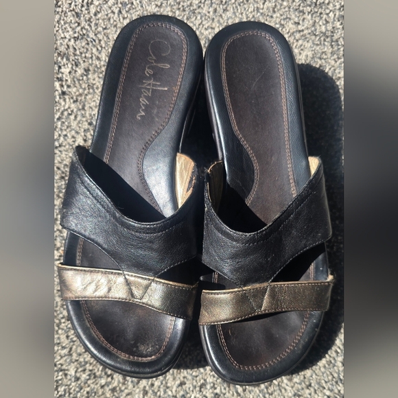 Cole Haan Black Brown Leather Wedge Slide Sandals Size 6 - Picture 8 of 9